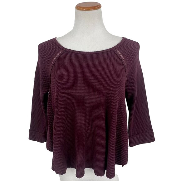 Free People Waffle Knit Tunic Top • Oversized 3/4 Sleeve Thermal Cozy Boho - Picture 13 of 14